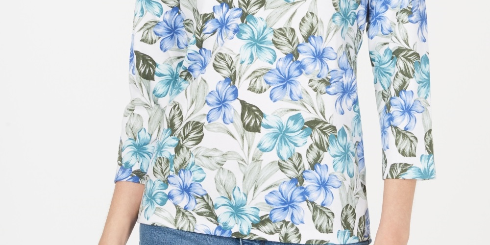 Karen Scott Women's Floral Print 3/4 Sleeve Top Blue Size X-Small