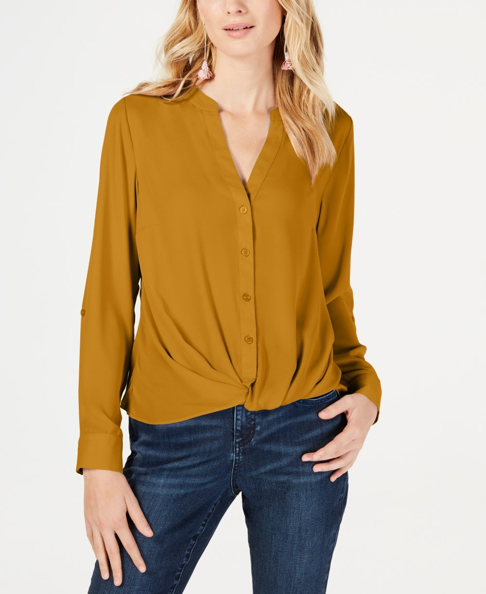 INC International Concepts Women's Twist-Front Button-Up Top Yellow Size Petite Medium