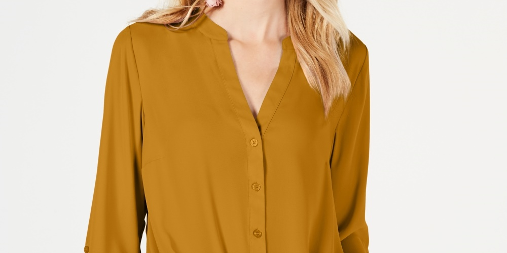 INC International Concepts Women's Twist-Front Button-Up Top Yellow Size Petite Medium