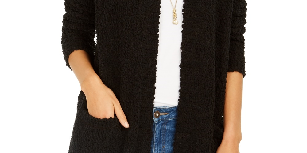 Style & Co Women's Popcorn Knit Open Front Cardigan Black Size X-Small