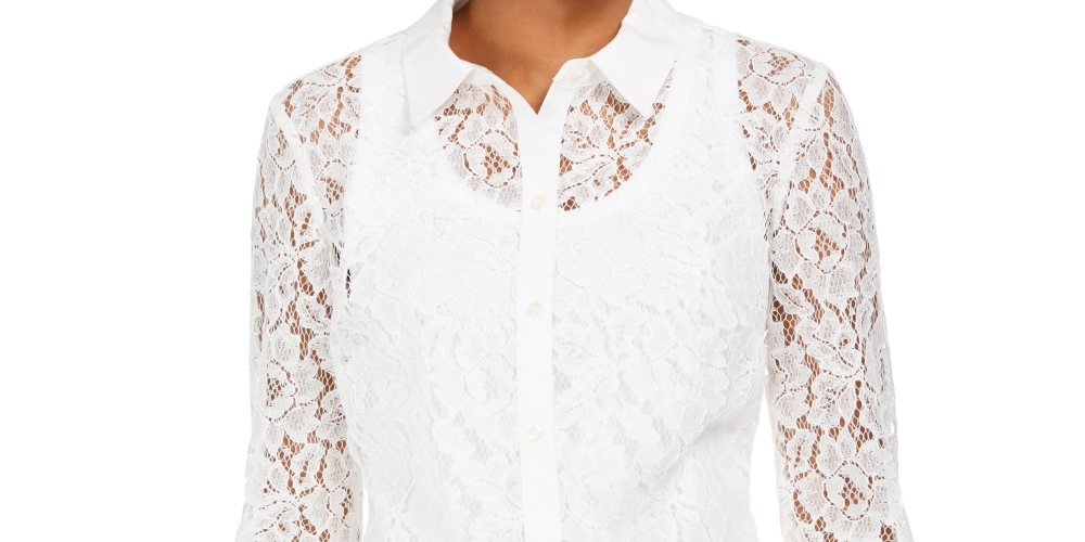 Charter Club Women's Lace Button Down Top White Size X-Small