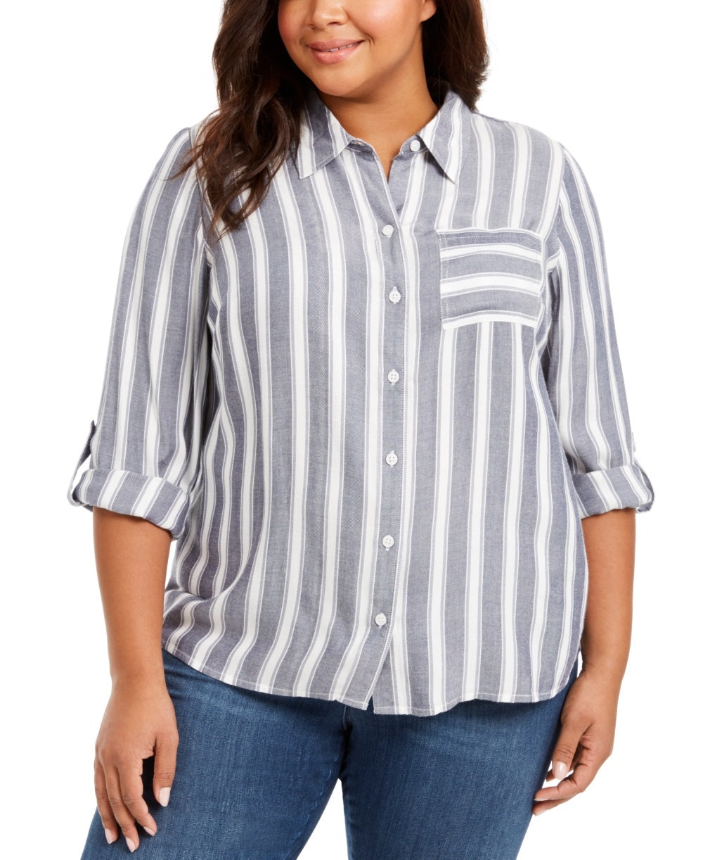 Style & Co Women's Striped Button Up Shirt White/gray Size -0X