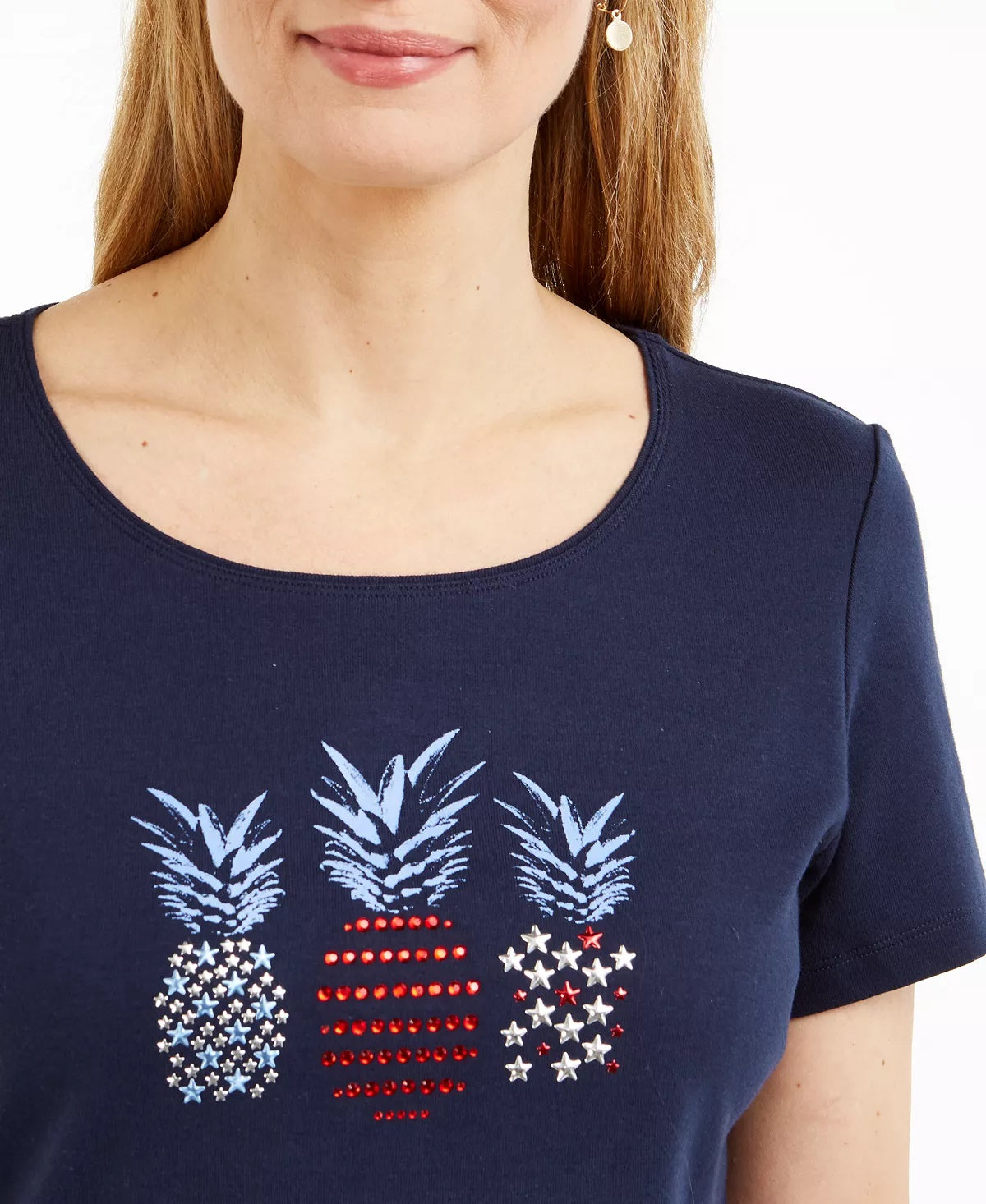 Karen Scott Women's Cotton Embellished Pineapple Top Navy Size Medium