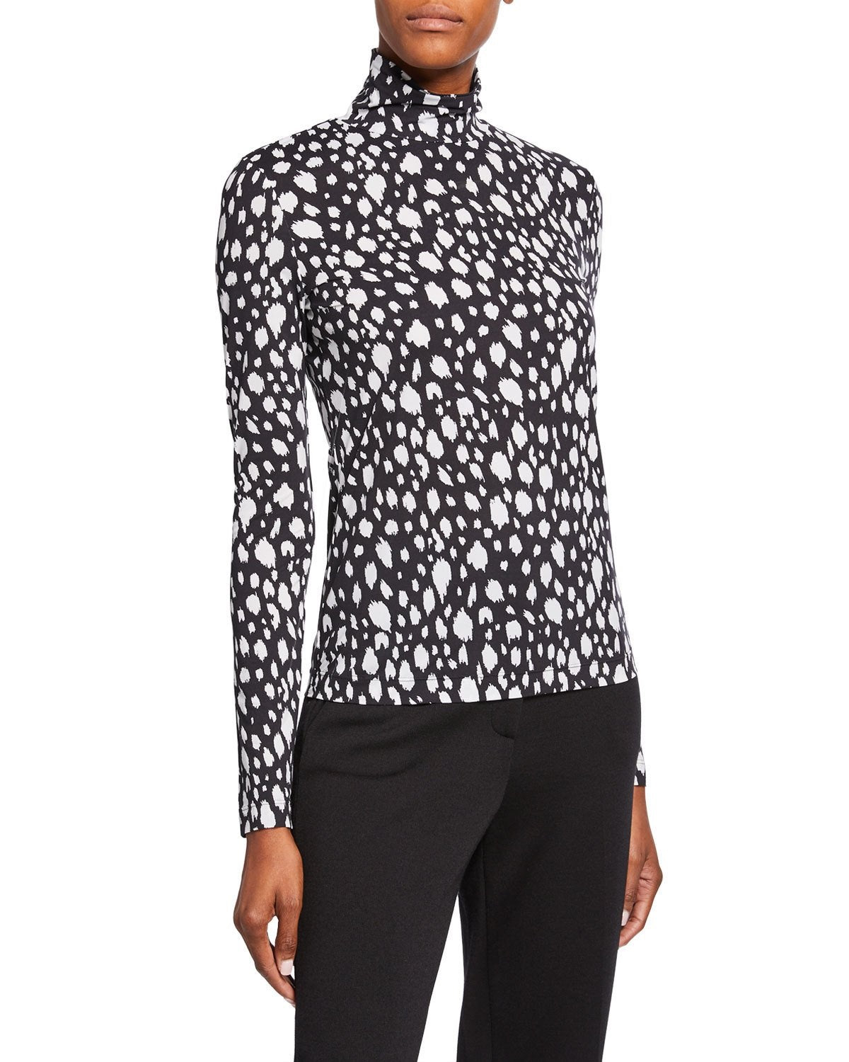 St. John Women's Collection Nuda Snow Leopard Print Jersey Turtleneck Black Size Petite