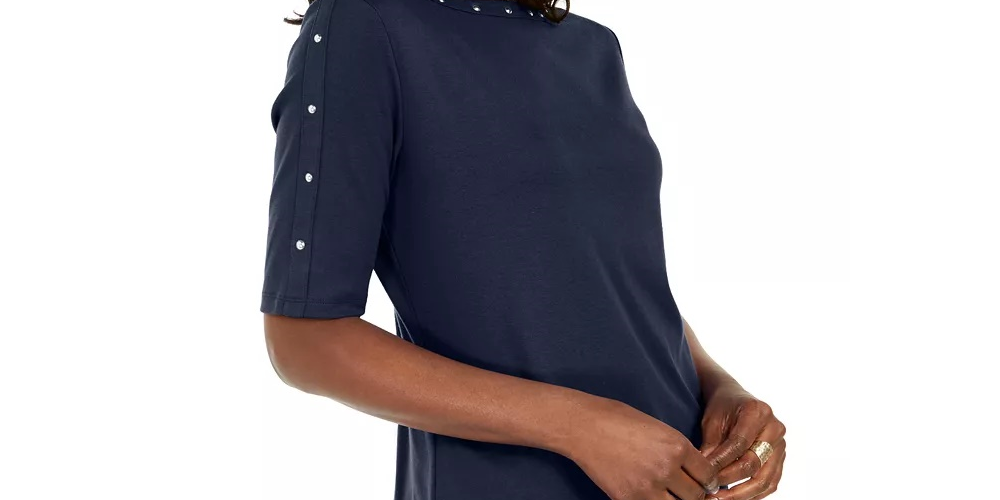 Karen Scott Women's Studded Elbow-Sleeve Boat-Neck Top Black Size Small