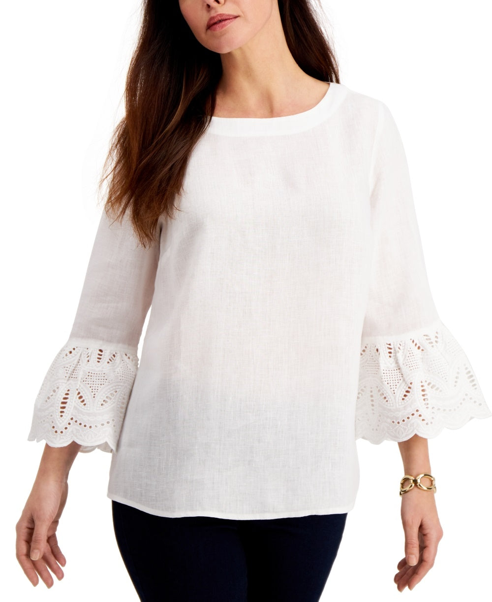 Charter Club Women's Eyelet Bell-Sleeve Top White Size X-Large