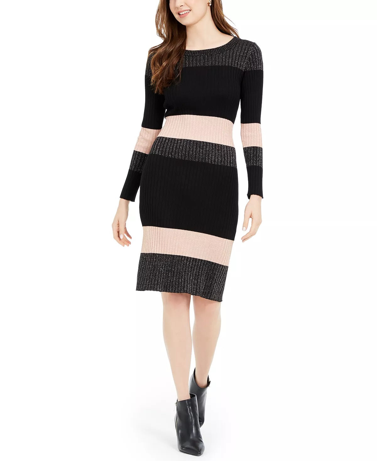 Taylor Women's Striped Midi Sweater Dress Black Size Medium