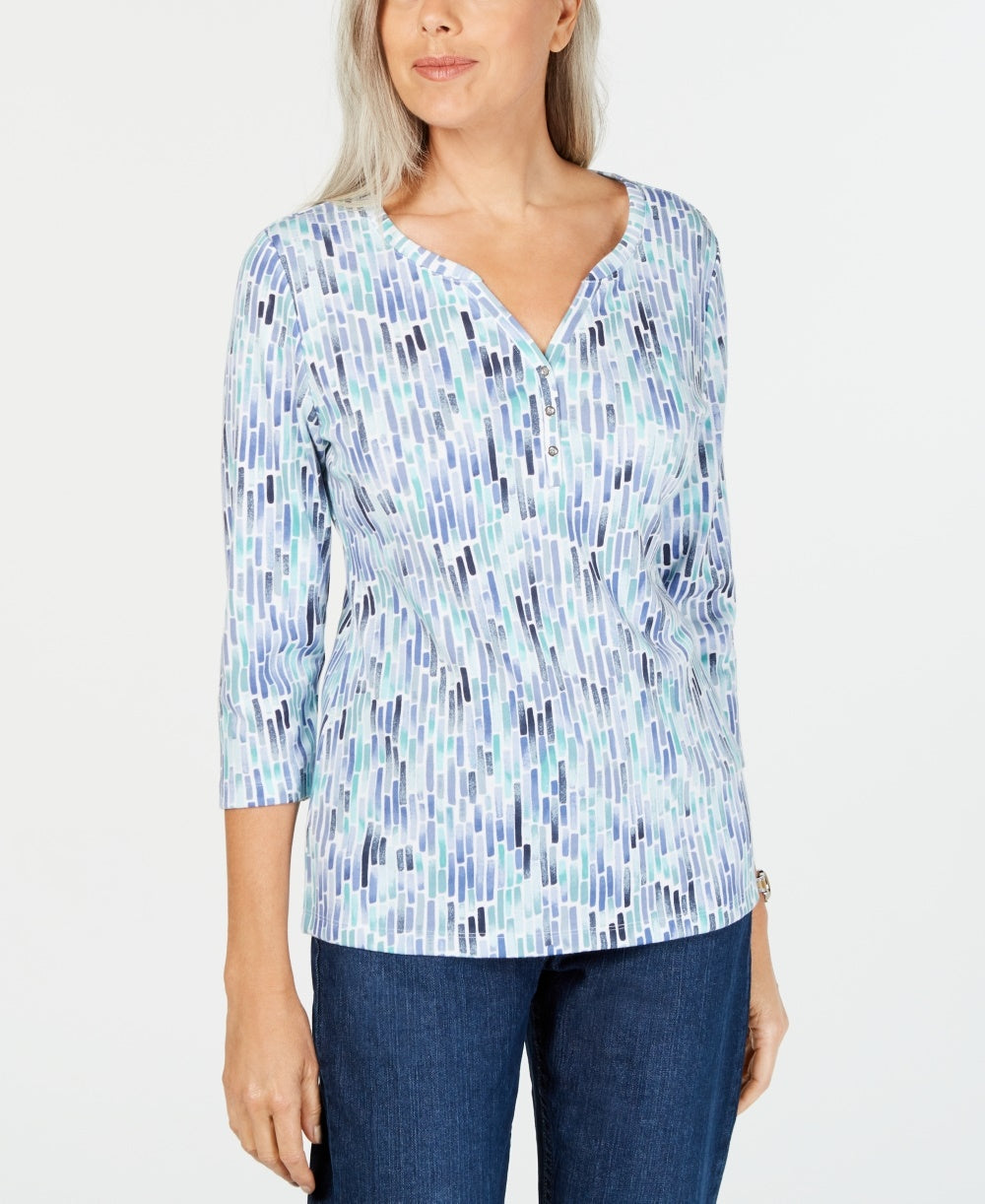 Karen Scott Women's Petite Watercolor-Print Henley Top Dark Blue Size PXL