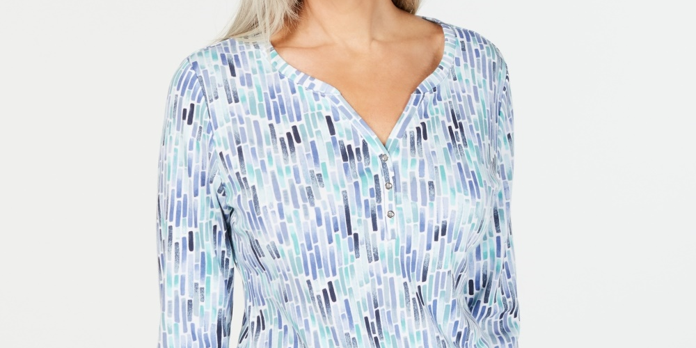 Karen Scott Women's Petite Watercolor-Print Henley Top Dark Blue Size PXL