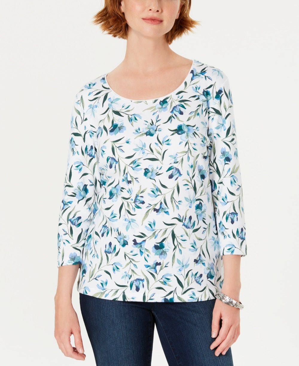 Karen Scott Women's Audra Oasis Printed Top Blue Size PXL