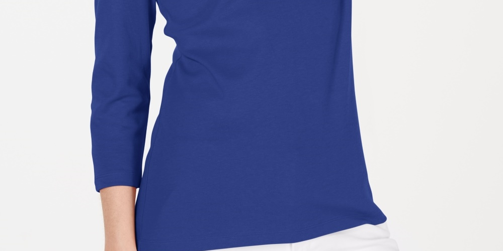 Karen Scott Women's Petite Cotton Scoop-Neck Top Dark Blue Size 44