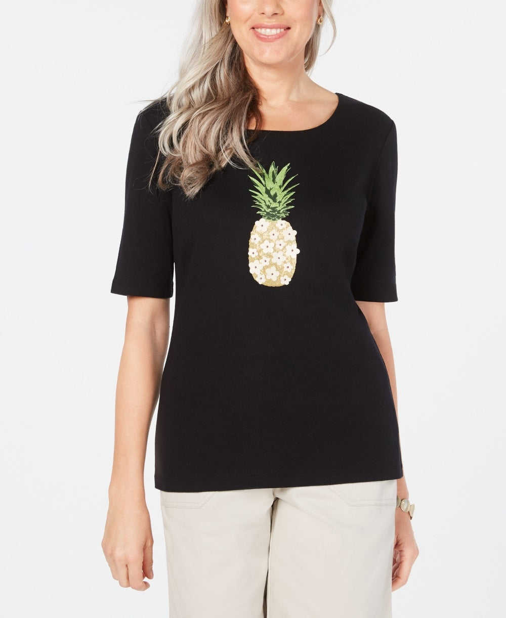 Karen Scott Women's Cotton Pineapple Graphic Print T-Shirt Black Size Medium