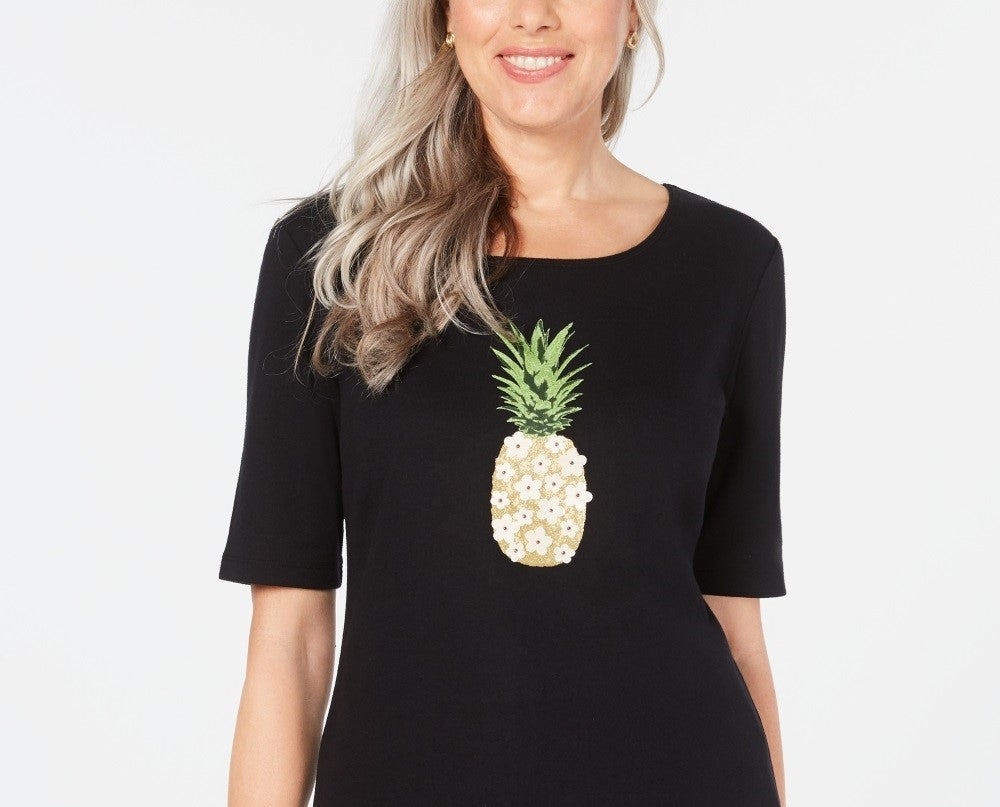 Karen Scott Women's Cotton Pineapple Graphic Print T-Shirt Black Size Medium