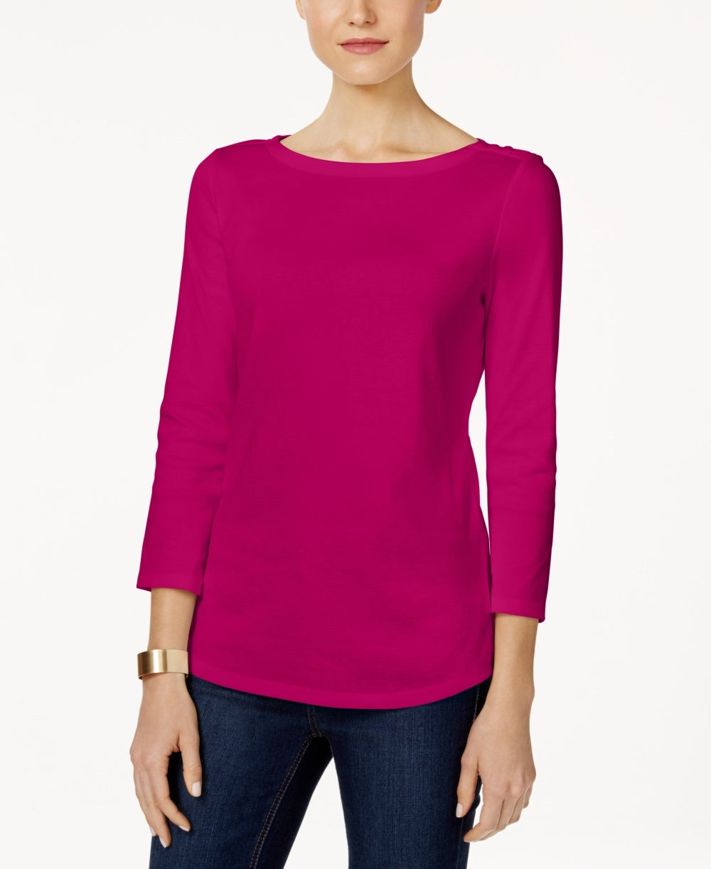 Charter Club Women's Pima Cotton Boat-Neck Button-Shoulder Top Dark Pink Size X-Small