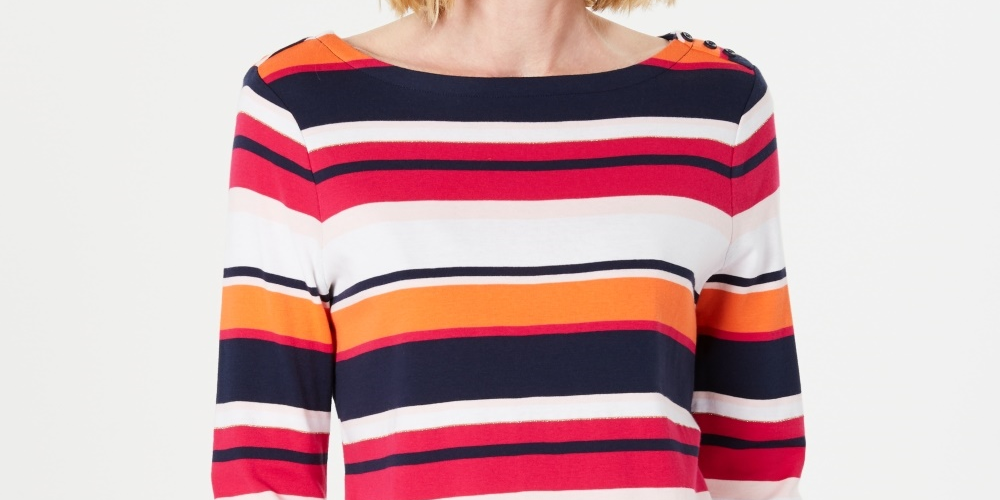 Charter Club Women's Pima Cotton Button-Shoulder Stripe Top Pink Size Large