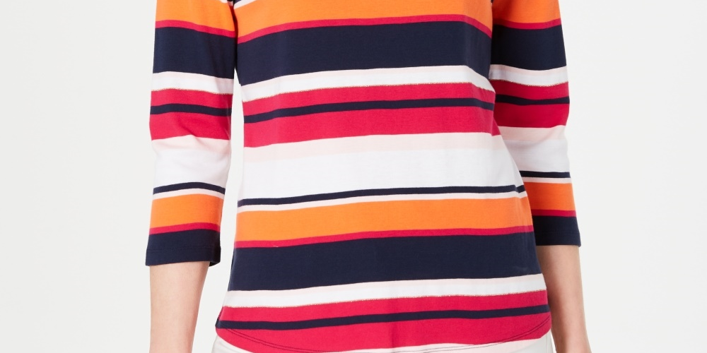 Charter Club Women's Pima Cotton Button-Shoulder Stripe Top Pink Size Large