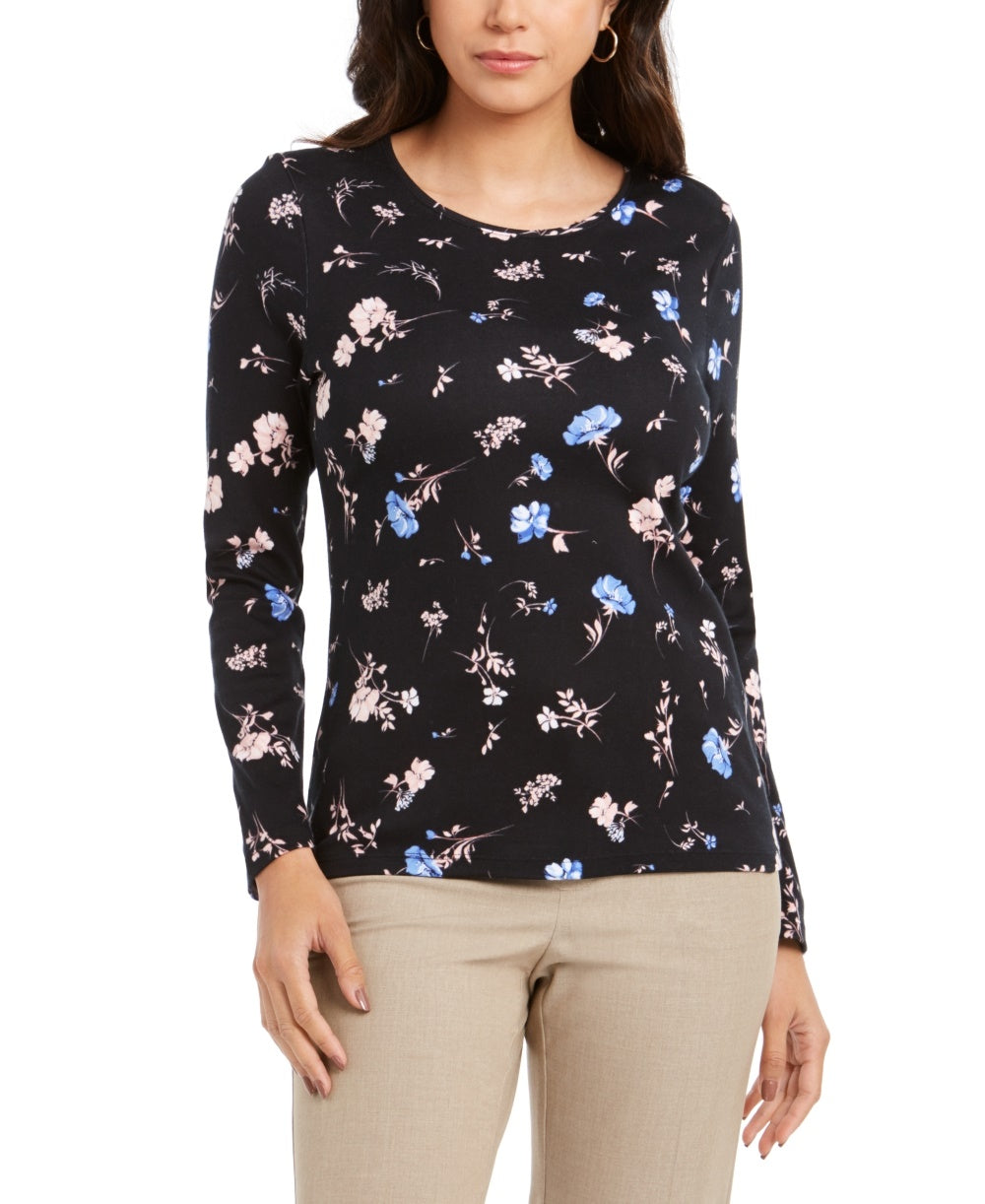 Charter Club Women's Pima Cotton Ditsy-Print Top Black Size X-Small