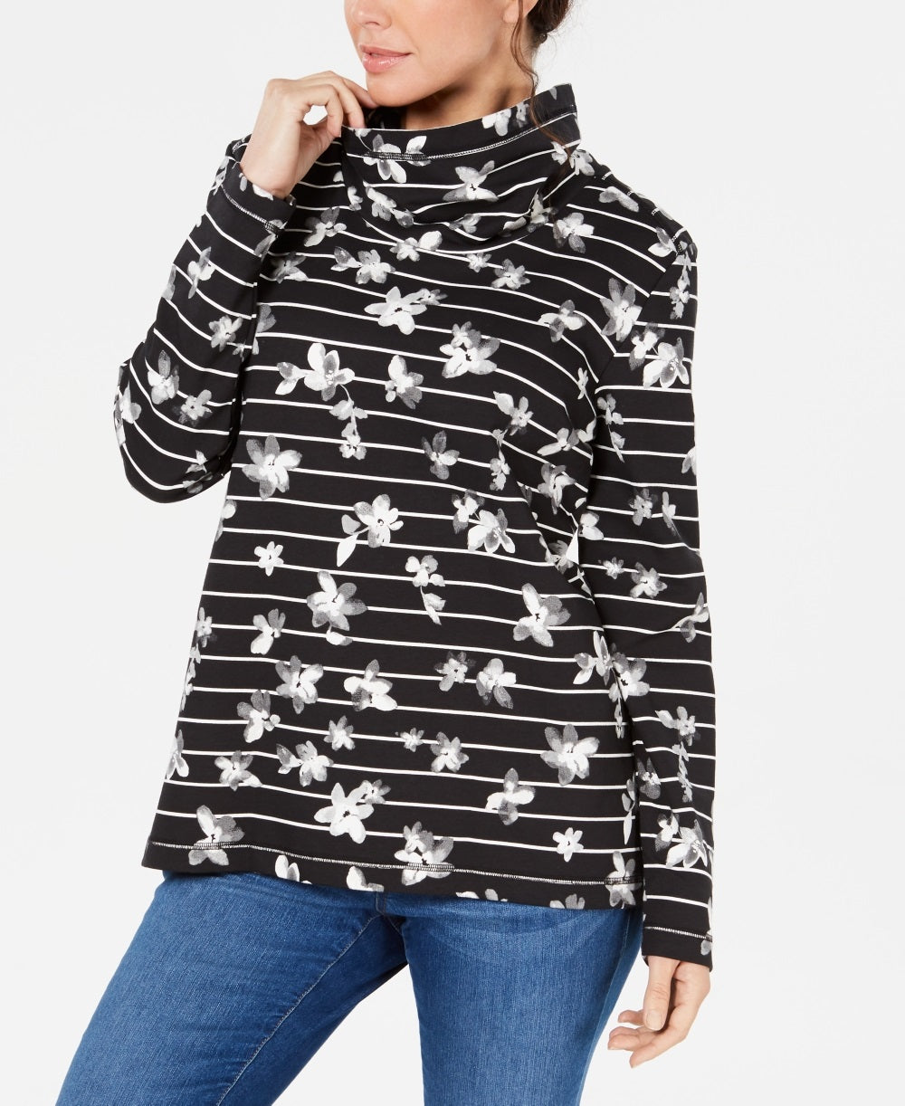 Karen Scott Women's Floral Print Striped Funnel Neck Top Black Size PS