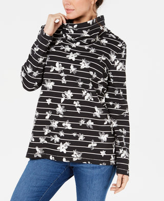 Karen Scott Women's Floral Print Striped Funnel Neck Top Black Size PS