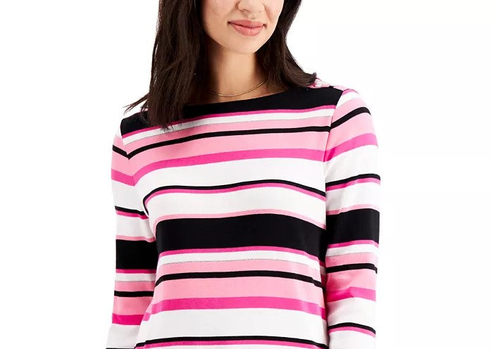 Charter Club Women's Pima Cotton Button Shoulder Stripe Top Pink Size X-Large