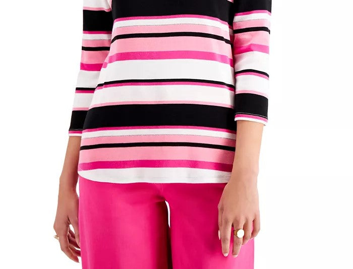 Charter Club Women's Pima Cotton Button Shoulder Stripe Top Pink Size X-Large
