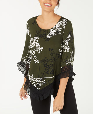 Alfani Women's Floral Print Lace Trim Top Green Size PS