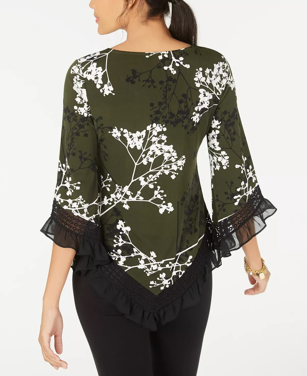Alfani Women's Floral Print Lace Trim Top Green Size PS