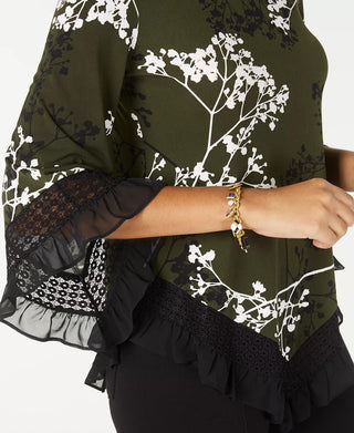 Alfani Women's Floral Print Lace Trim Top Green Size PS
