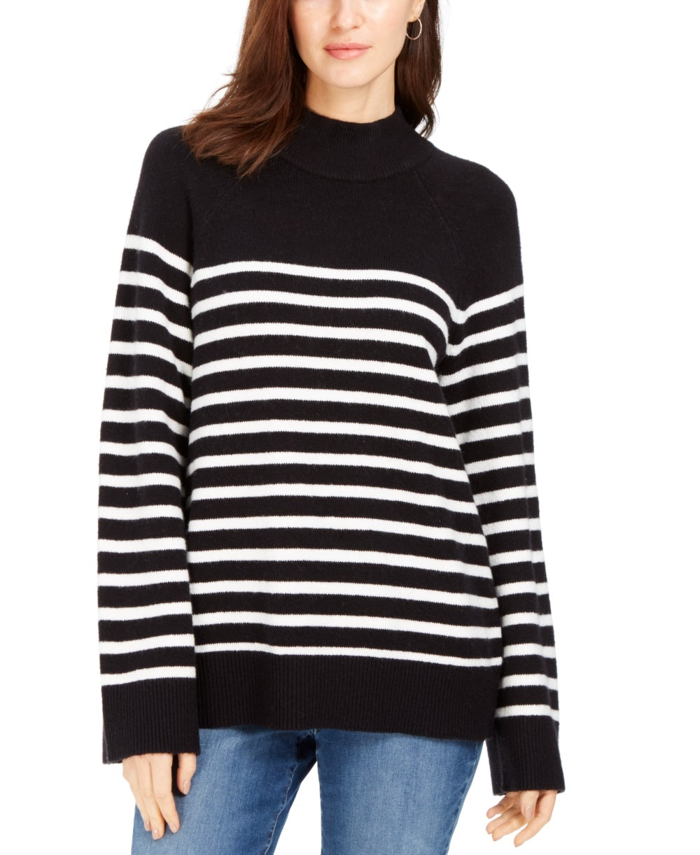 Charter Club Women's Petite Split-Back Striped Mockneck Sweater Black PS