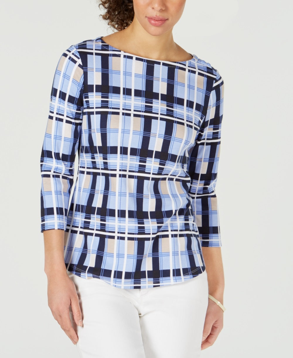 Charter Club Women's Cotton Plaid Boat Neck Top Blue Size Petite Small