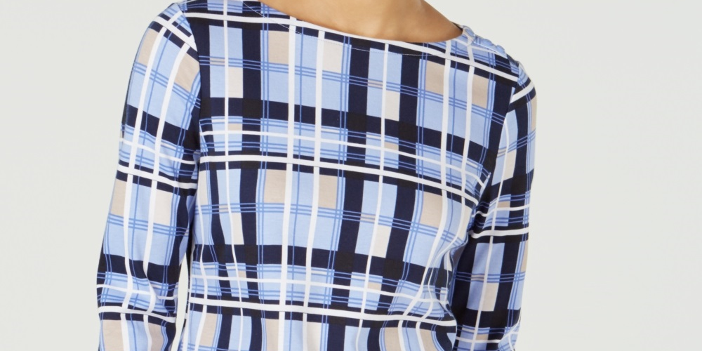 Charter Club Women's Cotton Plaid Boat Neck Top Blue Size Petite Small