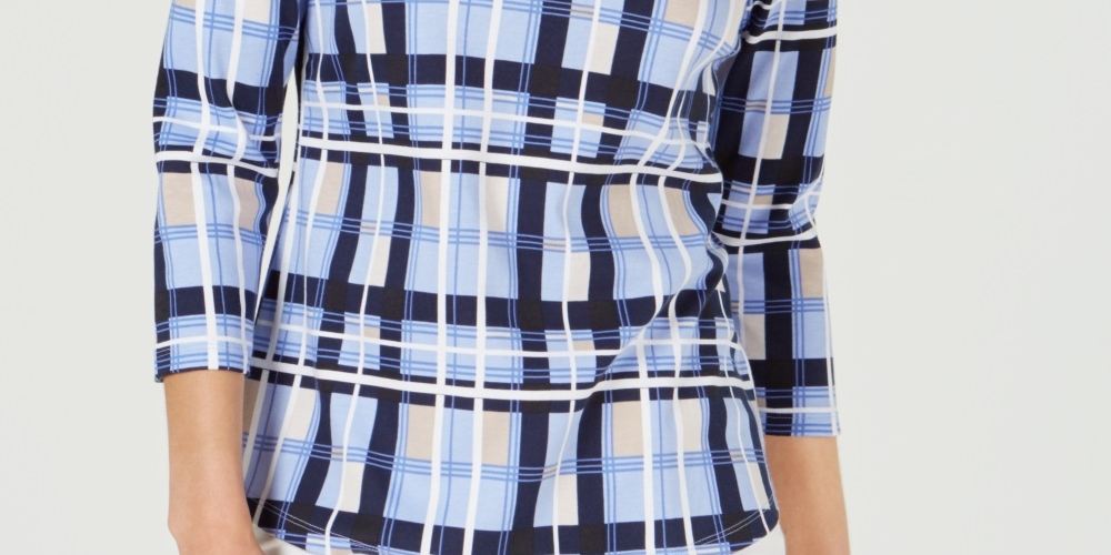 Charter Club Women's Cotton Plaid Boat Neck Top Blue Size Petite Small