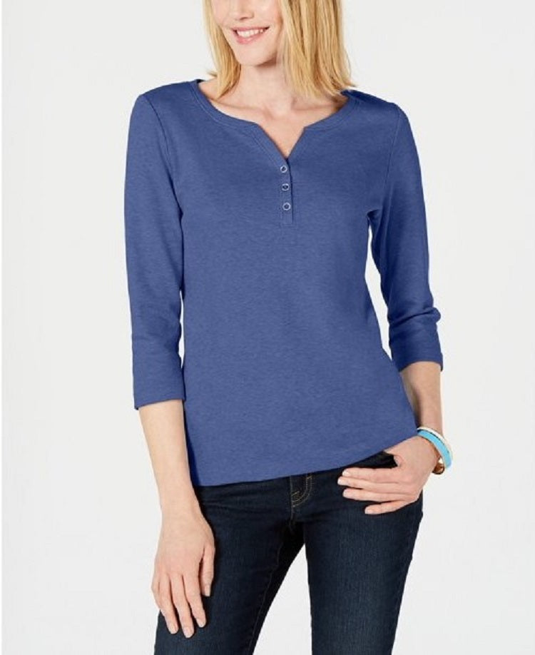 Karen Scott Women's Cotton Henley Top Blue Size Small