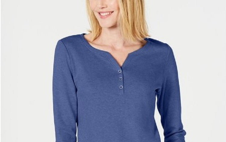 Karen Scott Women's Cotton Henley Top Blue Size Small