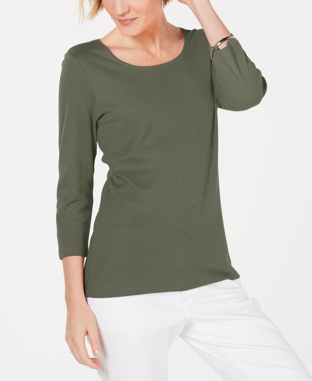 Karen Scott Women's Cotton Scoop Neck Top Green Size PS