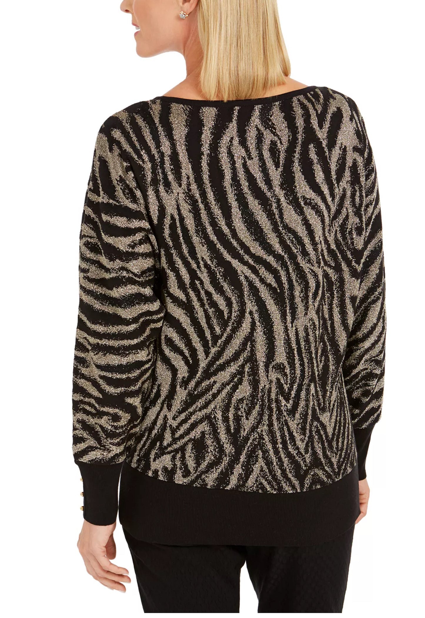 JM Collection Women's Jacquard Zebra Print Sweater Black Size Medium