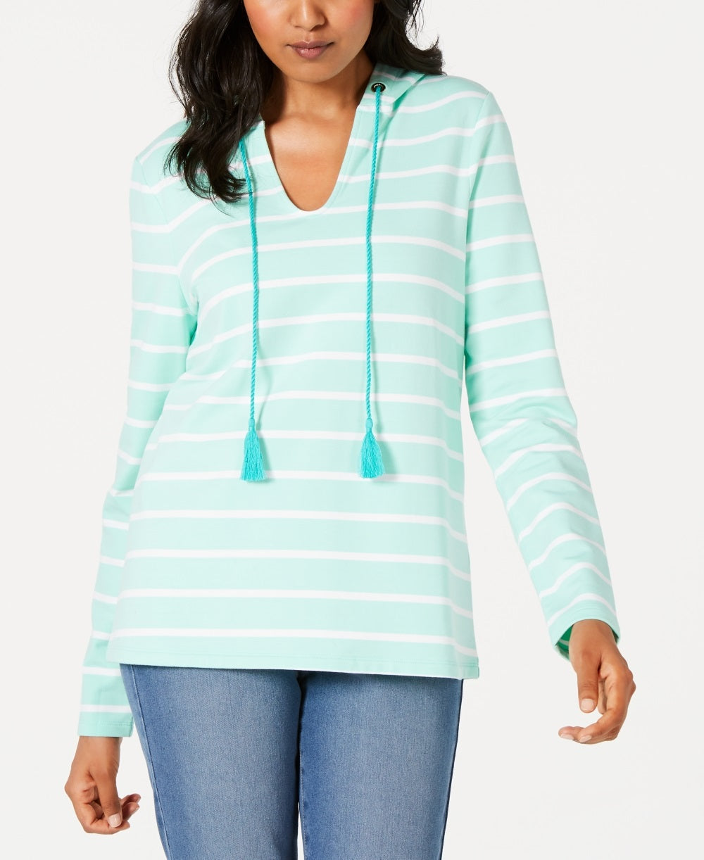 Charter Club Women's Striped Tasseled Hoodie Blue Size X-Large