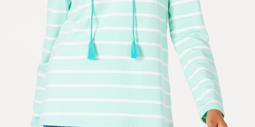 Charter Club Women's Striped Tasseled Hoodie Blue Size X-Large