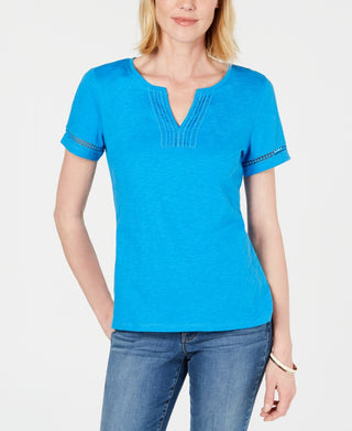 Charter Club Women's Split Neck Cotton Top Blue Size Large