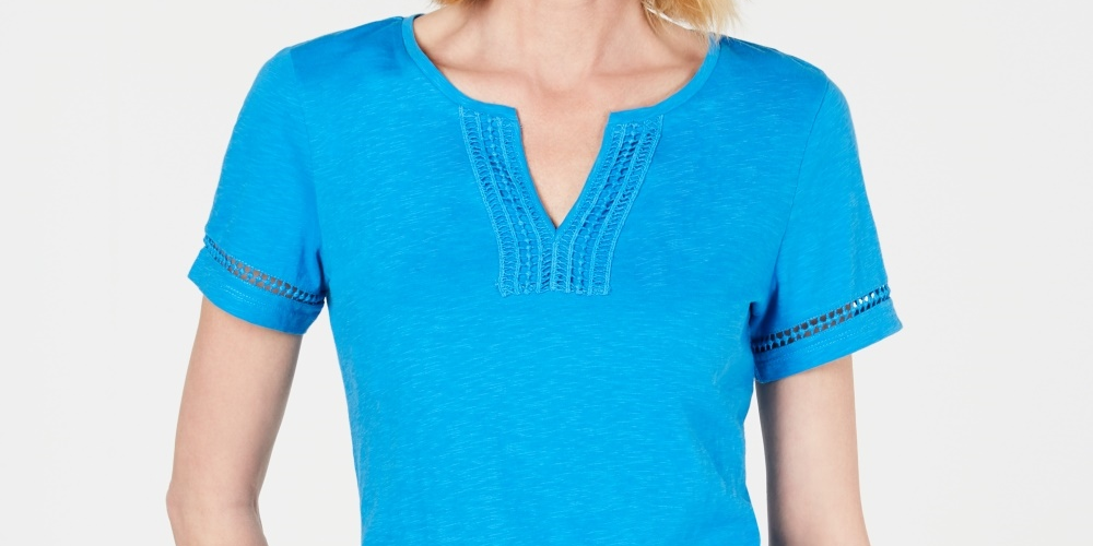 Charter Club Women's Split Neck Cotton Top Blue Size Large