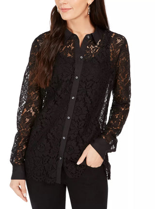 Charter Club Women's Lace Button Down Top Black Size Large