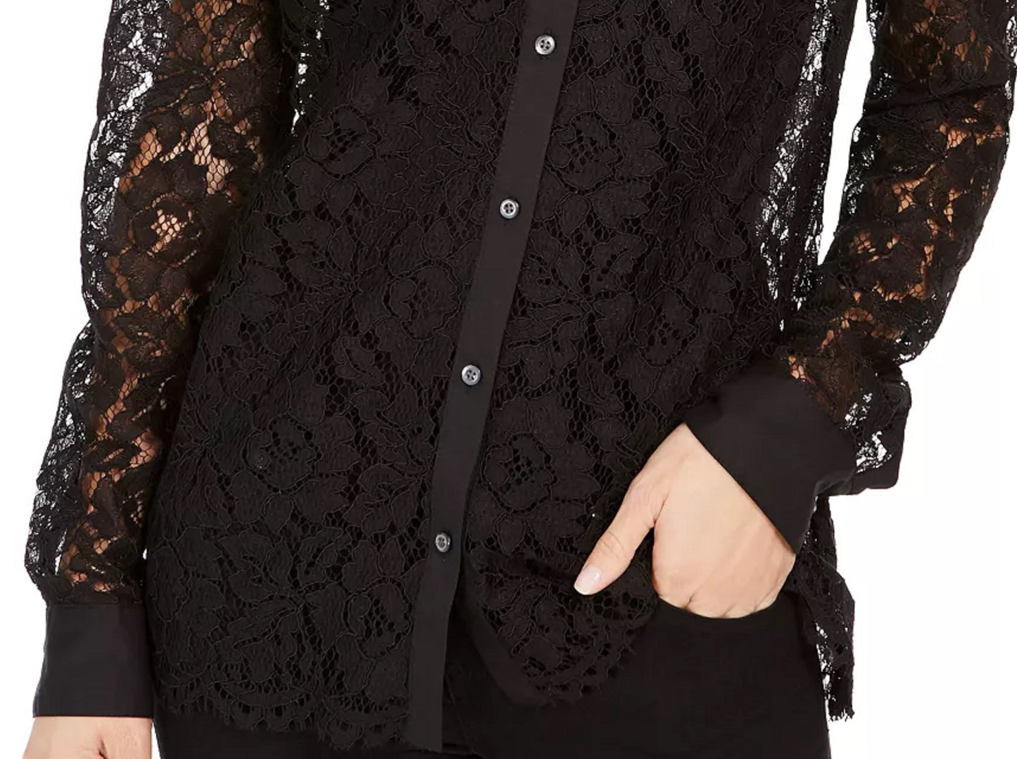 Charter Club Women's Lace Button Down Top Black Size Large