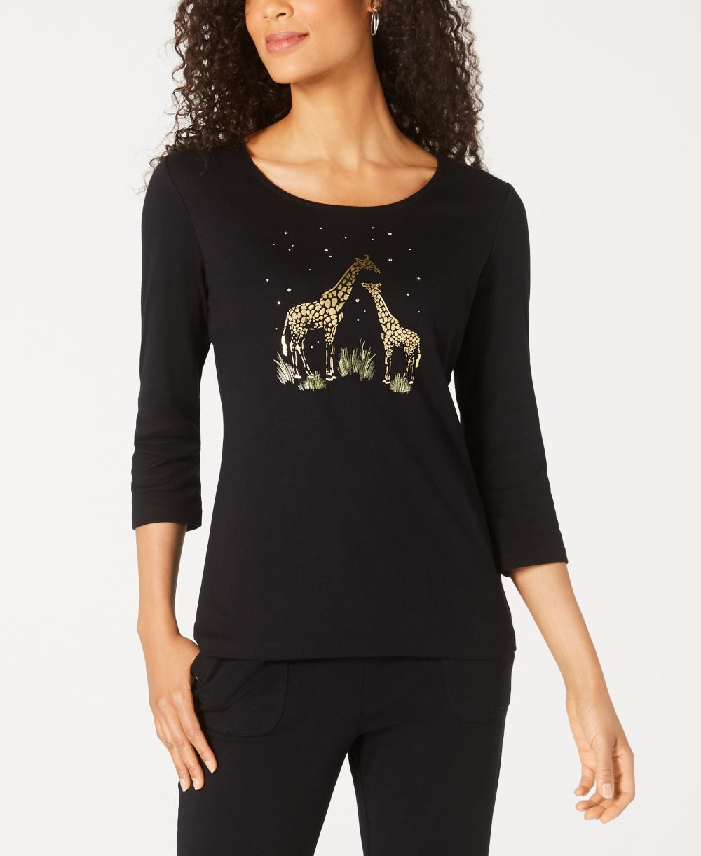 Karen Scott Women's Giraffe Foil Top Black Size PL