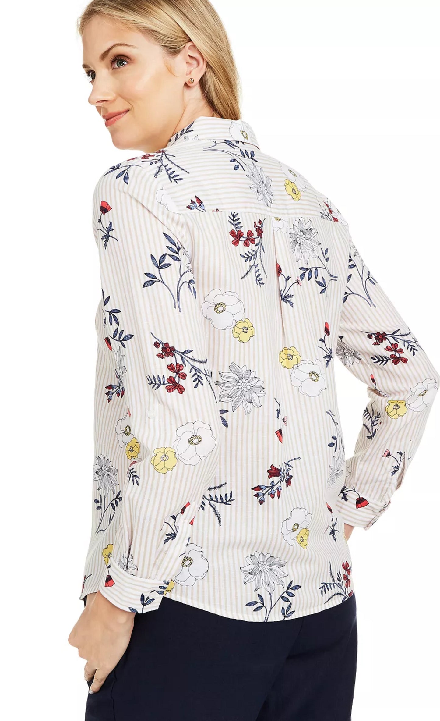 Charter Club Women's Floral Print Button Down Linen Shirt Red Size XX-Large