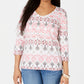 Karen Scott Women's Printed V Neck Top White/Pink Size Large