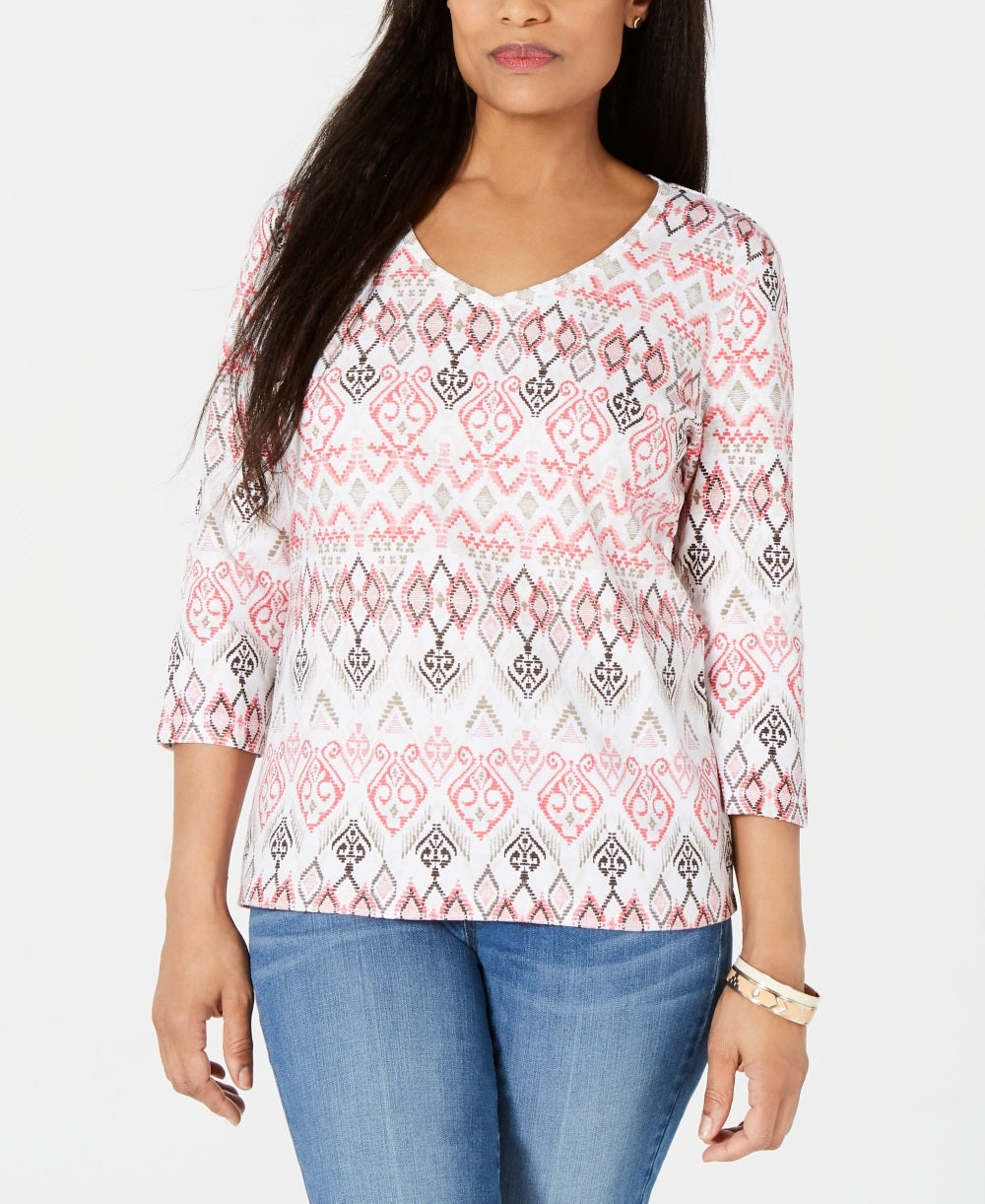 Karen Scott Women's Printed V Neck Top White/Pink Size Large