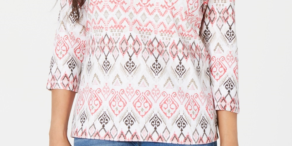 Karen Scott Women's Printed V Neck Top White/Pink Size Large