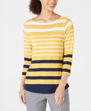 Charter Club Women's Pima Cotton Button Shoulder Stripe Top Yellow Size Large