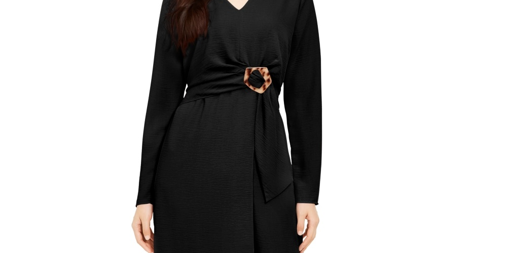 Alfani Women's Petite Hardware Faux-Wrap Dress Black Size 10 Petite