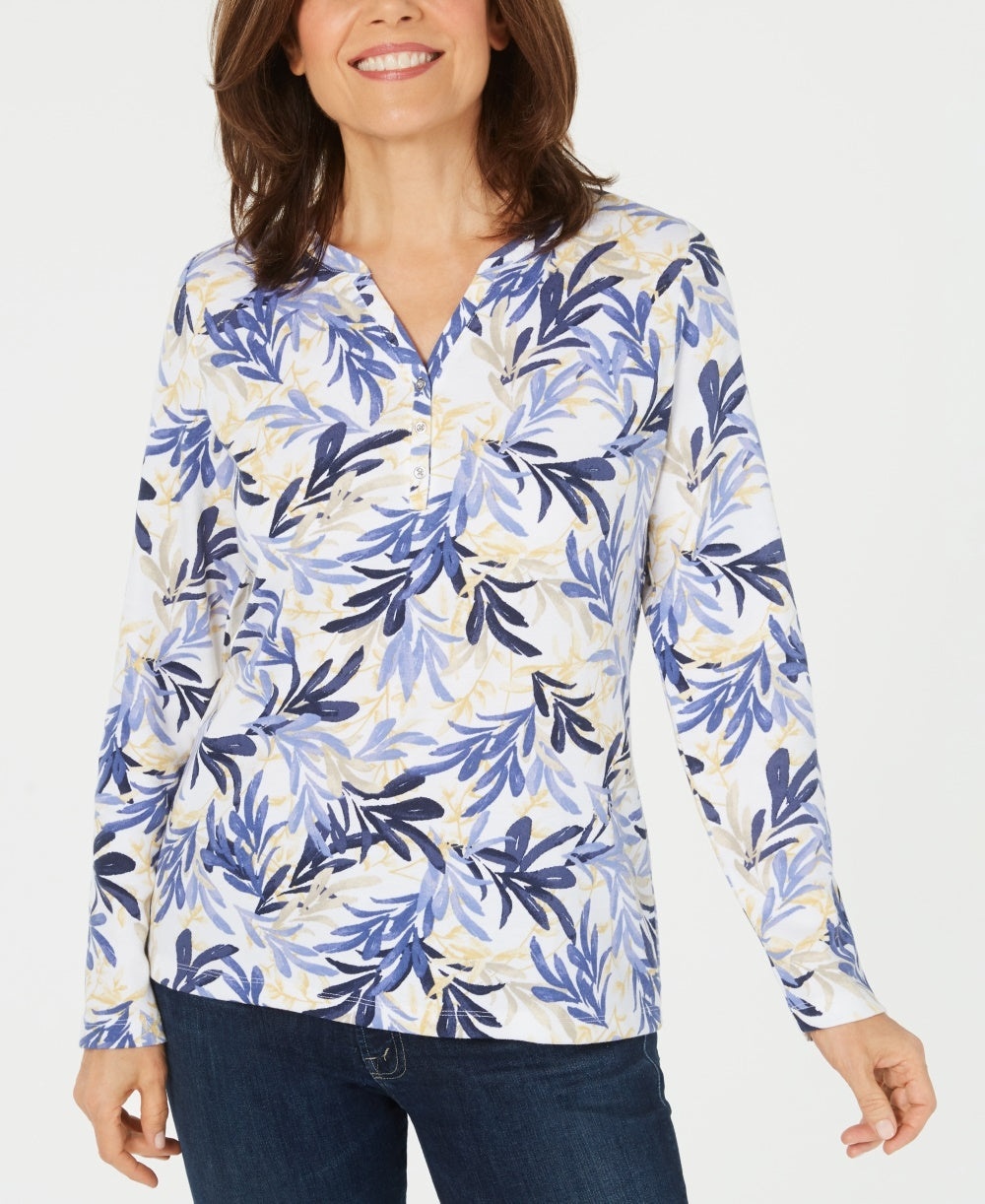 Karen Scott Women's Printed Split-Neck Top Navy Size Large